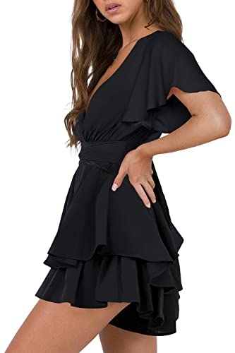 Hocuos Women's Flutter Short Sleeve Plunging V Neck Dress Tie Waist Layer Ruffle Hem A Line Swing Casual Short Mini Dress-Black-Small #TOP1