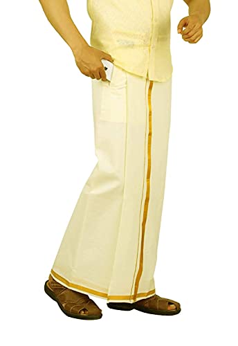 Kolakeer® Men's Easy-To-Wear Welcro Zari Border Cotton Dhoti with Pocket - Double Layer Dhoti with Adjustable Waist Size (Gold, Cream)