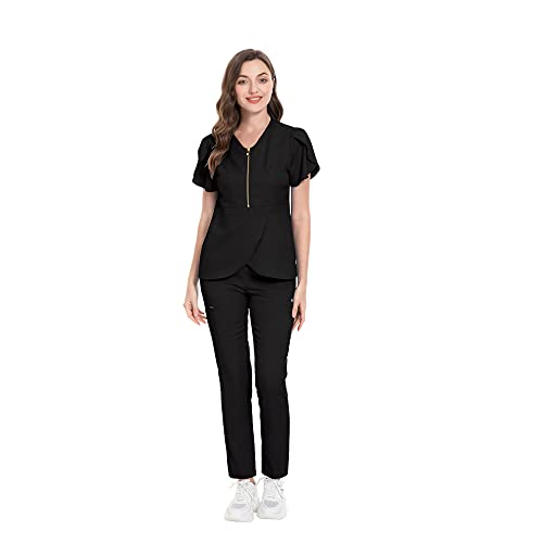 niaahinn Stretch V-Neck Scrub Top & Jogger Scrubs Pants Medical Uniform for Nurse Workwear for Women (Black, S, Small)