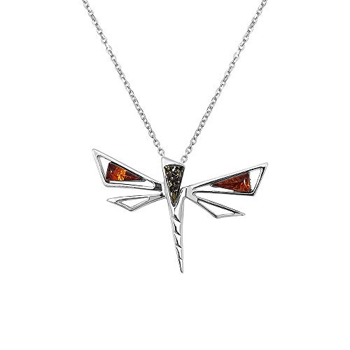 Collier libellule argent 925 ambre Baltique pendentif femme chaîne argent sterling 45cm