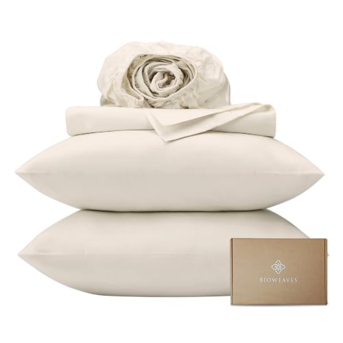 BIOWEAVES 100% Organic Cotton Sheets, 300 Thread Count 4-Piece GOTS Certified Bed Sheet Set Fits Mattress Upto 17' Deep Pocket, Soft & Silky Sateen Weave (Queen, Undyed Natural)