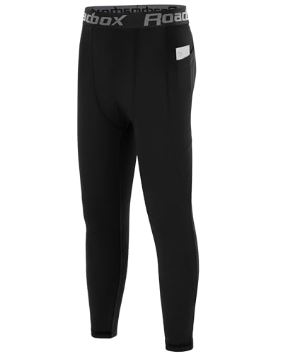 Roadbox Boys Compression Pants Youth Athletic Sports Legging with Pocket Base Layer Tights for Kids Running Football Black