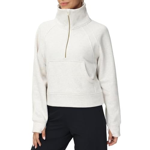 THE GYM PEOPLE Womens' Half Zip Pullover Fleece Stand Collar Crop Sweatshirt with Pockets Thumb Hole Off-white Small