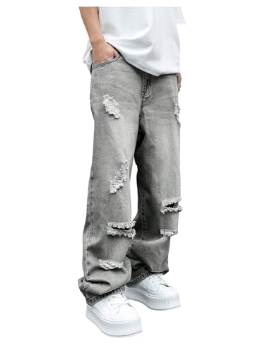 GORGLITTER Men's Vintage Ripped Jeans Distressed Straight Leg Denim Pants Streetwear
