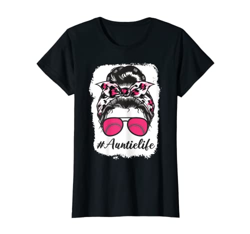 Bleached Softball Auntie life Pink Leopard Messy Bun Aunt Camiseta