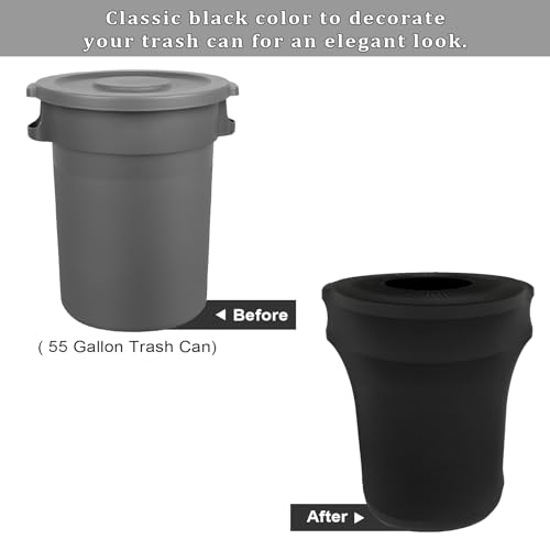 Image of BSTKEY 55 Gallon Stretch Spandex Trash Can Cover, 4 Pack Outdoor Fitted Waste Container Cover Round Garbage Can Covers for Wedding Party Commercial Fundraiser Decor, Without Trash Can (Black)
