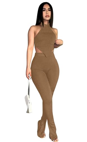 Sexy Two Piece Outfits For Women Seamless Ribbed Ribbed Halter Top Bodycon High Waist Long Pants Active Sets Apricot