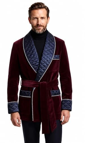 Mens Burgundy Velvet Smoking Jacket with Blue Satin Quilted Collar | Luxury Belted Dinner & Party Host Robe Coat - Large