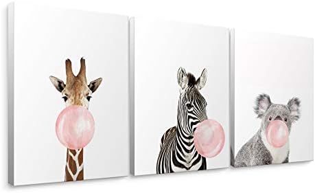Niwo ART - Giraffe Zebra Koala, Pink Bubble Gum Animals, Canvas Wall Art Home Decor, Gallery Wrapped, Stretched, Framed Ready to Hang (16"x12"x3/4")