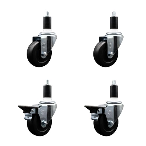 Soft Rubber Swivel Expanding Stem Caster Set of 4 with 3.5 Inch Black Wheels and 1-3/8