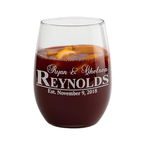 Nakedwoodworks Personalized Wedding Wine Glass, Premium 21oz Stemless Wine Glass Laser Engraved with your Wedding Anniversary Information! | Wedding Shower Gifts for the Bride or Groom!