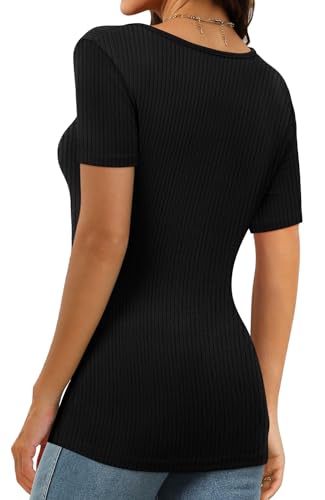Image of XIEERDUO Womens Square Neck Short /Long SleeveTops 2024 Spring Summer Slim Fit Tees Shirts