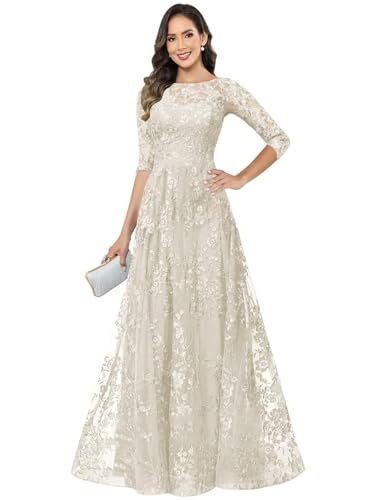 Ivory Lace Mother of The Bride Dresses for Women Tulle Formal Long Sleeve Evening Party Gown US2