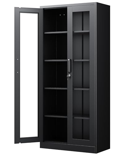 PEUKC Display Storage Cabinet with Glass Door, 71 Inches Metal Curio Cabinet with 4 Adjustable Shelves, Locking Glass Display Case for Home, Office, Clinic, Pantry, Assemble Required (Black)
