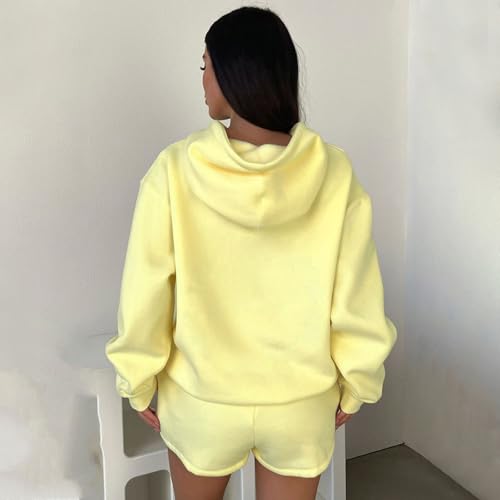 Womens 2 Piece Sweatsuit Outfits Long Sleeve Hoodie Sweatshirt and Drawstring Shorts Solid Color Trendy Y2K Clothes4