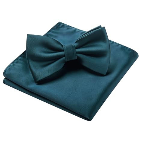 Image of HISDERN Bow Ties for Men Solid Color Pre-Tie Bow Tie and Pocket Square Set Classic Formal Tuxedo Bowties for Wedding Party