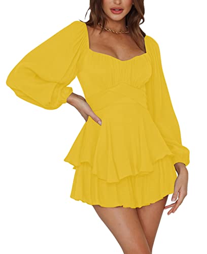 Image of LYANER Women's Jumpsuit Lantern Long Sleeve Ruffle Layer Tie Mini Short Romper
