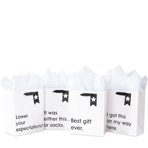 Image of Loveinside Christmas Medium Size Gift Bags Set, Funny Quirky Design with Bold Black Text Pattern with Tissue Paper Perfect for Shopping, Parties, Birthday, Holiday, 4 Pack, 7 inch X 4 inch X 9 inch