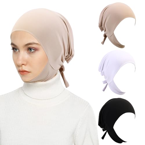 XEPST 3 PCS Hijab Undercap for Women, Islamic Muslim Full Cover Under Hijabcap Milk Silk Fabric Hijab Underscarf Solid Color Adjustable Tie Back Inner Head Scarf Turbans for Women Chemo Sleep Cap