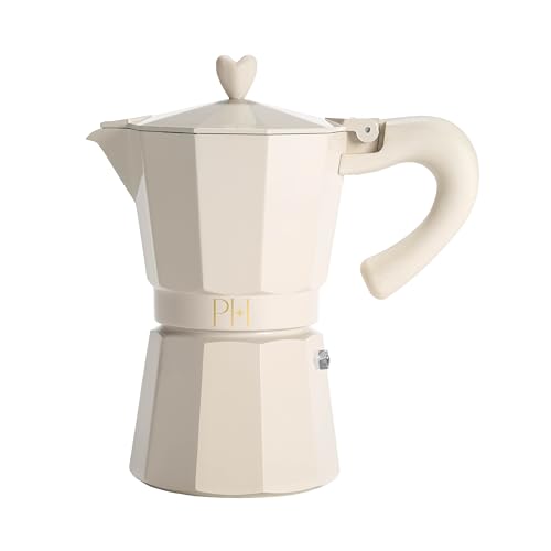Paris Hilton Stovetop Espresso and Coffee Maker, Italian & Cuban Style Coffee Pot with Iconic Heart Knob, Perfect for Rich Aromatic Espresso, Makes up to 6 Espresso Cups, Cream