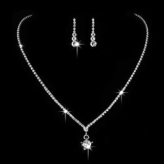 Ushiny Silver Bridal Wedding Jewellery Set Sparkly Rhinestone Necklace and Earring Set Initial Crystal Drop Earring Jewellery Set for Women and Girls