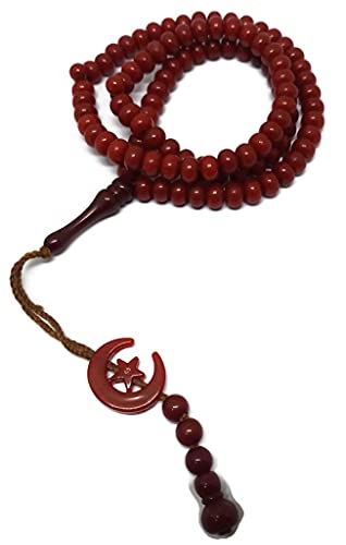 Islam Prayer Tasbih 99 Beads AMN-303 Muslim 8 mm. Rosary Bead Moon Star Decorated Tassels Haj Eid Ramadan Gift (Red)
