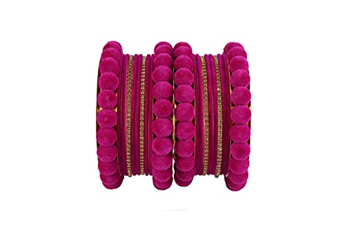 Image of NMII Stylish Metal with Golden Zircon Stone & Velvet Balls Bangles Set For Women and Girls | Fancy Designer Bangles | Short Velvet Chuda Set | Women's Fashion Jewellery