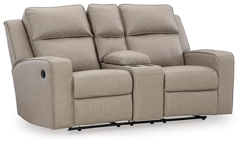 Image of Signature Design by Ashley Faux Leather Reclining Loveseat with Console | Wall hugger loveseat recliner, 4 cup holders, Heavyweight faux leather, Contemporary living room style, Lavenhorne