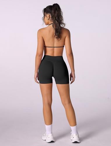 Image of ABOCIW Womens Seamless Workout Sets 2 Piece Strappy Halter Sports Bra Scrunch Butt Shorts Gym Yoga Outfits