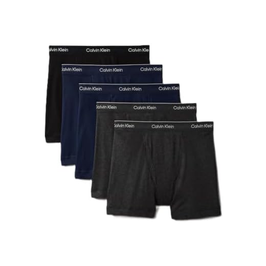 Calvin Klein Men's Cotton Classics 5-Pack Boxer Brief, 2 Blue Shadow Body W/Blue Shadow Waistband, 2 Charcoal Heather Body W/Charcoal Heather Waistband, 1 Black Body W/Black Waistband, Medium
