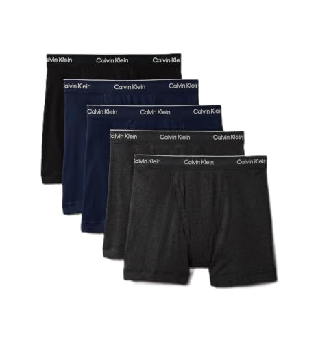 Calvin Klein Men's Cotton Classics 5-pack Boxer Brief, 2 Blue Shadow Body W/Blue Shadow Waistband, 2 Charcoal Heather Body W/Charcoal Heather Waistband, 1 Black Body W/Black Waistband, Medium