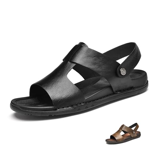 Men's Leather Hollow-Out Slip-on Flat Sandals,Classic Retro Round Open Toe Outdoor Casual Beach Walking Sandals