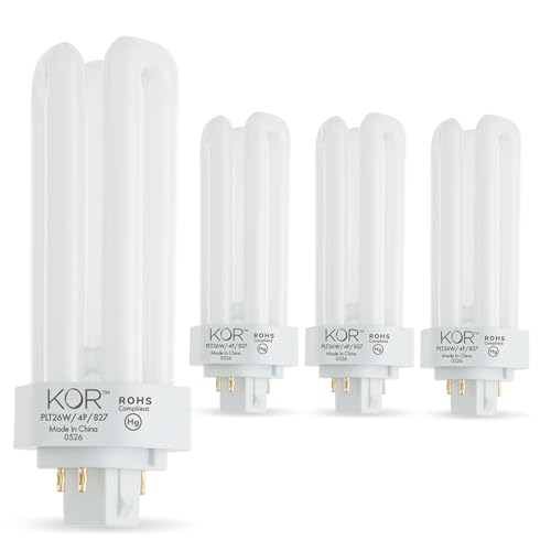 KOR 26W CFL Plug-in Bulb GX24Q-3 Base 2700K Warm White Triple Tube (4-Pin) Replaces Sylvania 20879 Philips 458240 GE 97614 Pack of 4