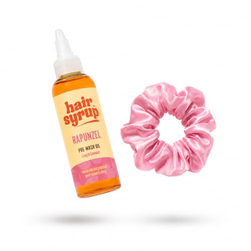 Hair Syrup | Rapunzel Pre-Wash Hair Oil & Scrunchie Bundle | Infused with Pink Grapefruit Sweet Almond & Cherry | Revitalise Your Scalp & Mind | Vegan | 100% Natural | 100ml