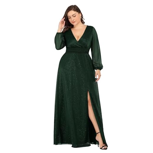 Ever-Pretty Women's Shiny A-line V-Neck Floor Length Plus Size Formal Dress with Sleeves Dark Green US26