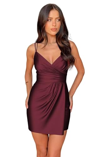 Miao Duo Short Tight Satin Homecoming Dresses 2025 Spaghetti Strap Pleated Cocktail Party Dress with Slit YZTS271