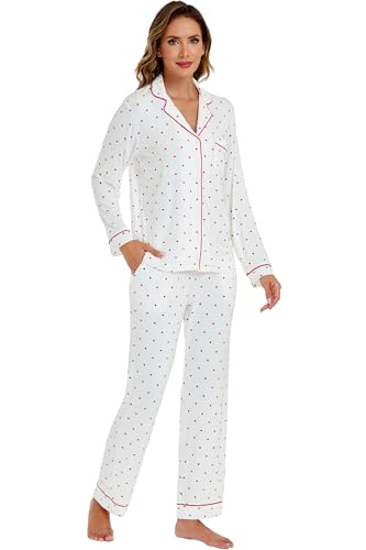 Image of LUBOT Womens Bamboo Viscose Pajamas Set 2 Piece PJs Set for Women Buttery Soft Button-Down Long Sleeve Cozy Printed Sleepwear Loungewear (Red Heart, S)