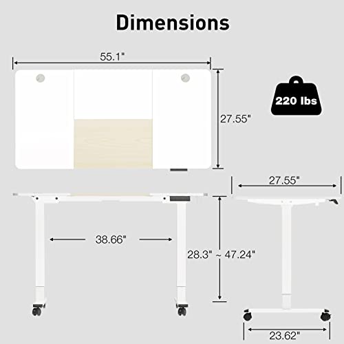 Woka Dual Motor Electric Standing Desk, 55" X 28" Adjustable Height Stand Up Desk, Sit Stand Desk For Home Office With 4 Memory Controller, Motorized Desk With Splice Board, White And Oak Tabletop #TOP5