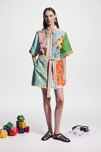 Women's Floral Mini Dress Y2k Short Sleeve Shirt Dress Cute Colorful Graffiti Graphic A-Line Lace Up Sundress, Blue, L - Image 3