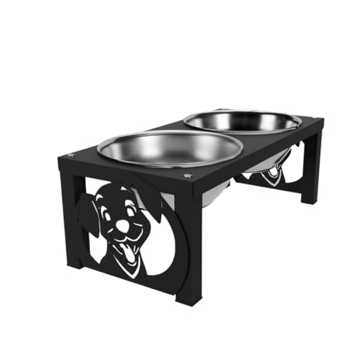 Image of COGO Frosty Pet Feeder| 2 Stainless Steel Bowls (800 ml Each) | Elevated Feeding Bowls for Medium & Large Dogs & Cats | 5.5 x 7.5 x 15 inch | Strong & Stable Metal Frame | Colour: Matt Black