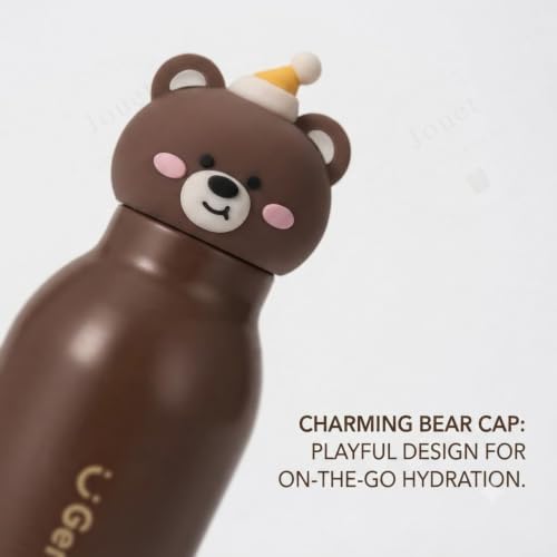 Image of JOUET Kids Stainless Steel Water Bottle 450ml with Brown Bear Character Lid, Leakproof Straw Bottle for School, Travel & Daily Use