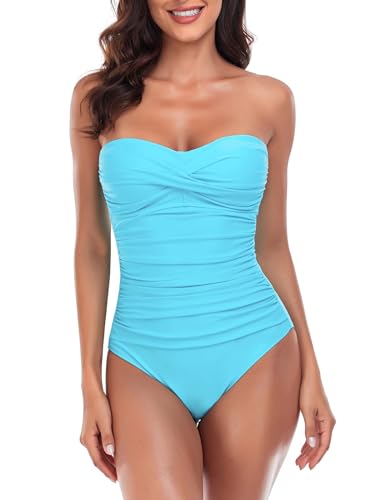 Ocean Blues Women’s Bandeau One Pieces Swimsuit Molded Cups Shirring Tummy Control Bathing Suit3