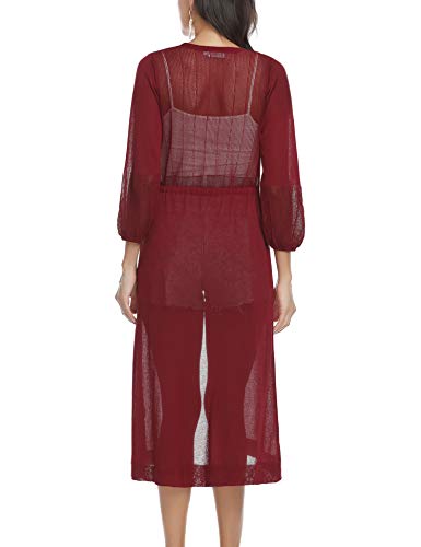Aibrou Long Sleeve Cardigan Sweater Casual Open Front Draped Kimono Coat Loose Knit Cover Up Tops Wine Red - Thumbnail 4