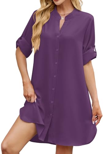 Image of PerZeal Womens Sexy V Neck Button Down Shirt Dresses Summer Short Sleeve Casual Loose Blouses & Button-Down Shifts Cover Ups