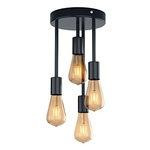 Martll Plafonnier vintage à 4 lampes semi-encastré en métal noir industriel E27 pour chambre à coucher, salon, cuisine, salle à manger, restaurant (4 lumières) Cover