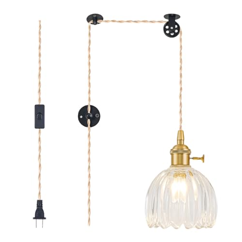 Plug in Pendant Light Fixtures, Hanging Light Fixture Vintage Glass Pendant Light, Mini Transparent Tulip Hanging Lamp, Pendant Lighting for Kitchen Island, Bedroom, Dining Room, Living Room