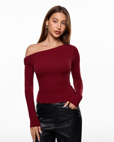 Image of INLYRIC Women's Inbarely Seasons Off The Shoulder Double Lined Long Sleeve Tops Going Out Slim Fitted Sexy T-Shirts