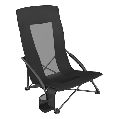 SONGMICS Camping Chair, Portable Outdoor Beach Chair, with High Backrest, Cup Holder, Lightweight, Heavy-Duty, Max. Load 330 lb, Black UGCB61BK 1 Pack Black