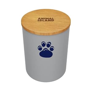Animal Island Futterbox für Katzen aus Glas mit Holzdeckel Futtertonne Trockenfutterbehälter Snackbehälter Katze Tierfutterbehälter Snackdose (3000 ml, Cool Gray)