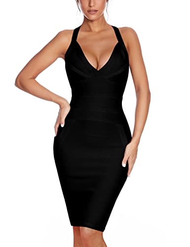 Mini robe bandage dos nu et col en V pour femme, A-noir, Taille S
